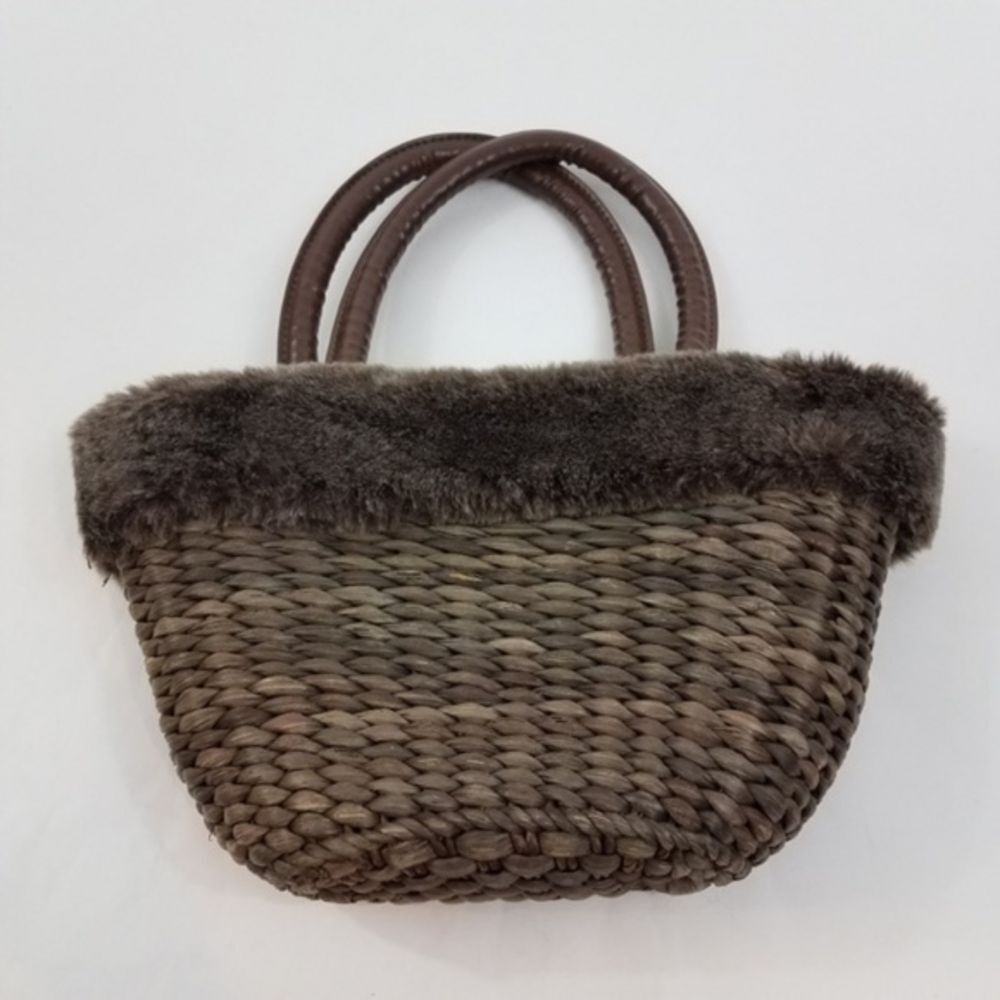 Bath and Body works purse handbag small straw woven weave faux fur basket
